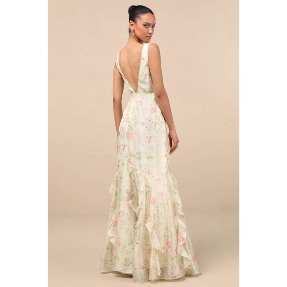 Lulus Deluca Dress Women's XS Cream Floral Maxi Ruffled Sleeveless NWOT - Picture 3 of 14